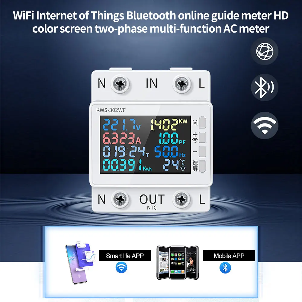 63A Tuya WiFi 8 in1 miernik mocy 170-300V 2P Rail AC licznik energii do telefonu komórkowego pilot wielofunkcyjny przewodnik napięcia Ammete