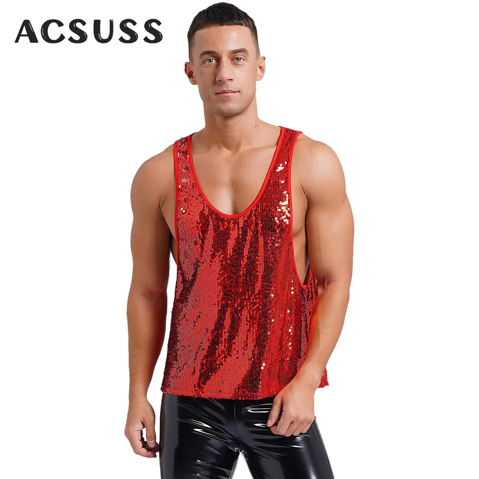 Mens Glitter Sequins Vest Tank Top Retro Disco Dance Party Dancewear Round Neck Lining Vest Waistcoat Musical Carnival Costume