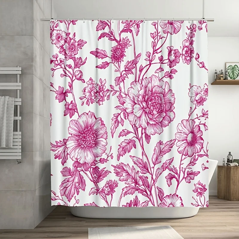 ロマンチックな牡丹の花柄シャワーカーテン防水浴室ライナーボヘミアンピンクフラワープリント装飾大サイズ-180x180cm