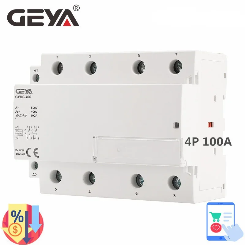 

GEYA GYHC 4Pole 100A AC 220V 230V 50/60Hz Din Rail Household AC Modular Contactor Switch Controller Home Hotel Use