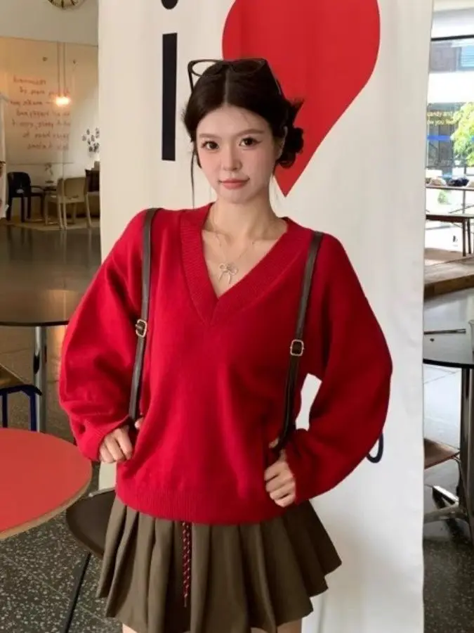 Korean Style Long Sleeve Knitted Sweater Loose V Neck Sweet Outerwear for Women Autumn Winter New Arrival Slimming Effect