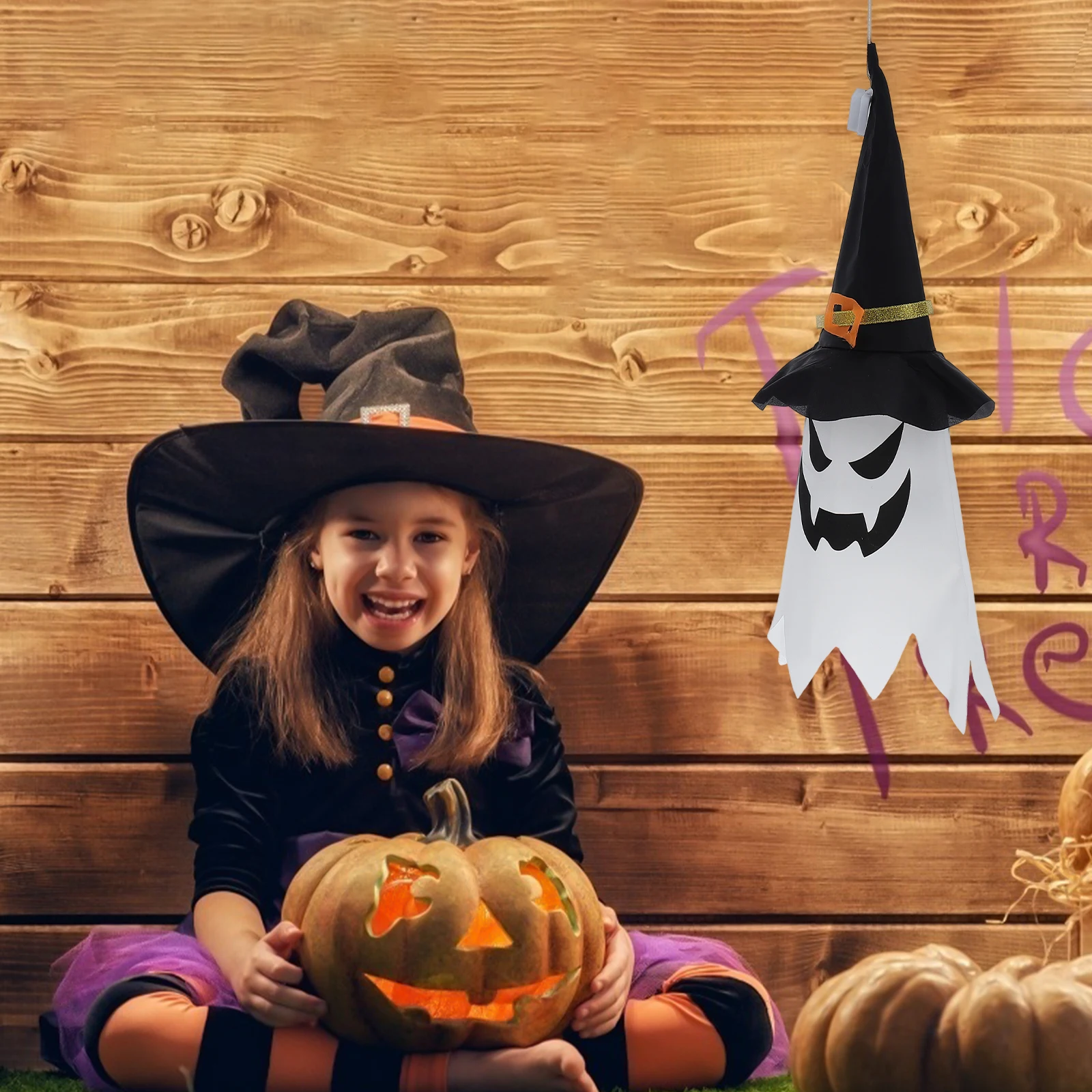 

2pcs Halloween LED Lanterns Ghost Decorative Lights Black Grimace Wizard Hat Theme Party Supplies Festival Lighting