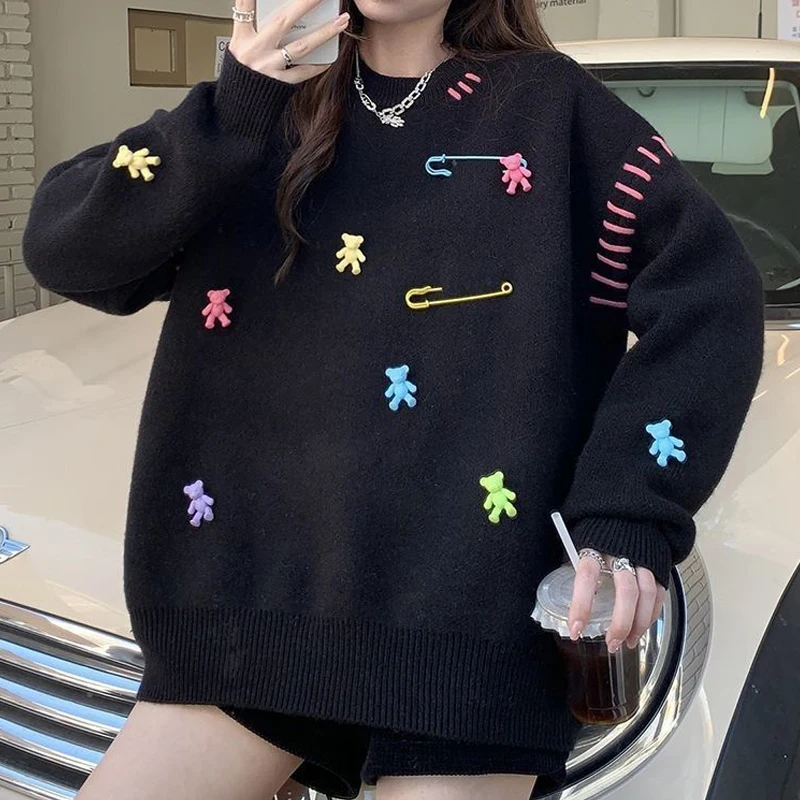 Women Tredny Casual Streetwear Oversized Kawaii Knitted Sweater Y2K Female O Neck Long Sleeve Pullover Tops Autumn Winter Jumper