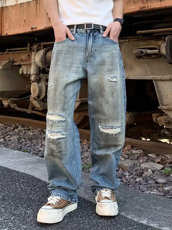

Мужские джинсы в винтажном американском стиле, с эффектом потертости, свободного прямого кроя, из денима, в стиле рустик-постапокалипсис
