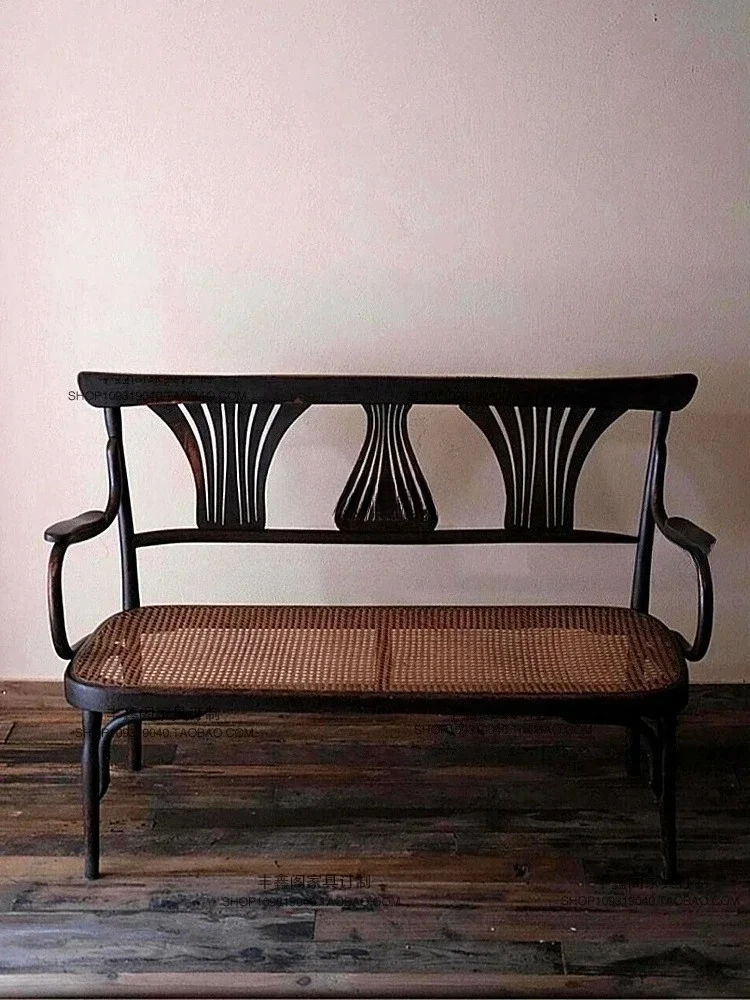Vintage Solid Wood Distressed Rattan Double/Three-Seater Sofa Retro Carved Flower Bed & Breakfast Cafe Western Rattan Chair