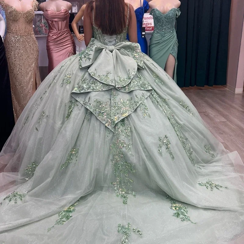 Angelsbride Charming Sage Green Ball Gown Quinceanera Dresses Vestidos 15 Años Quinceañera Lace Up Bow Spaghetti Straps