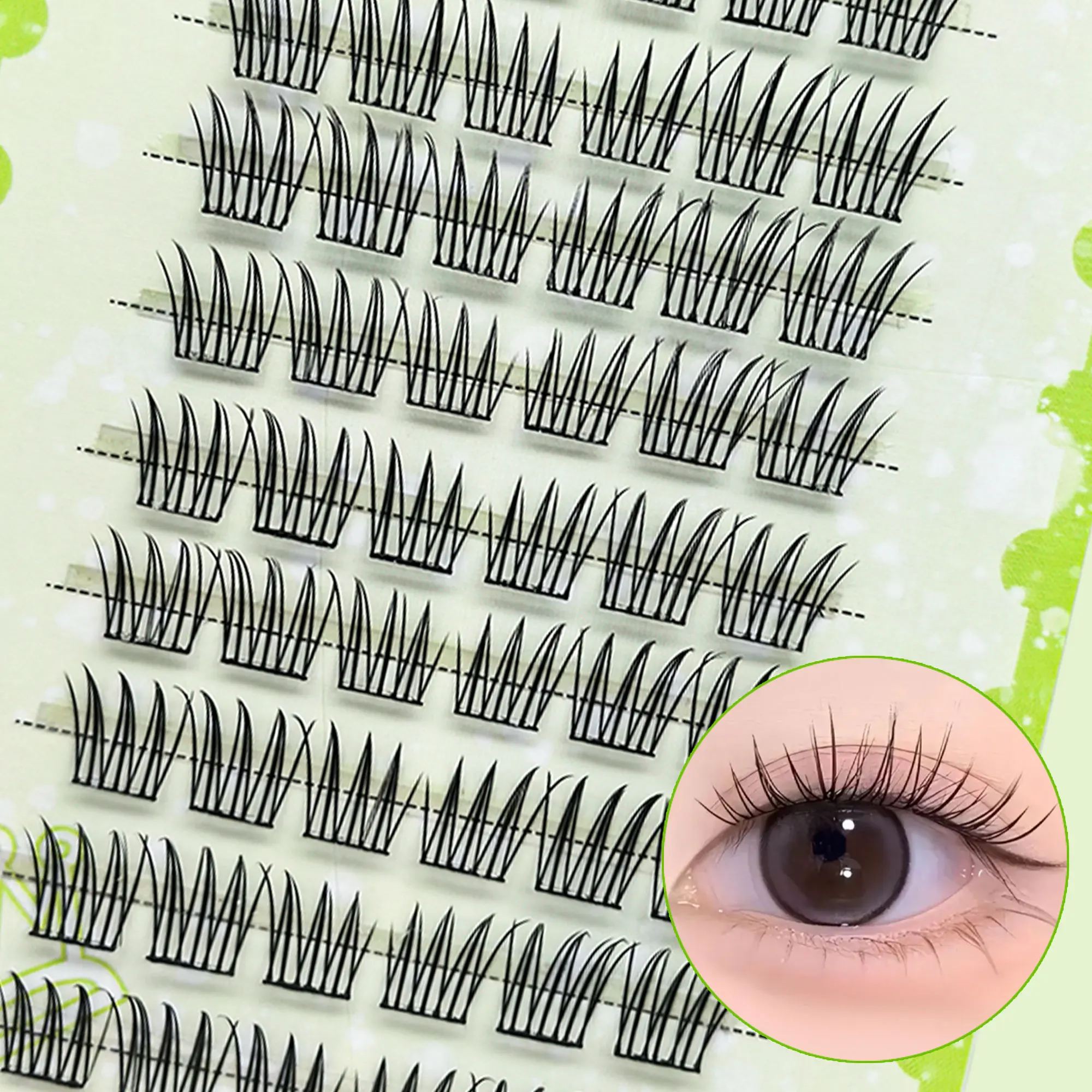 10列の接着剤不要つけまつげ、ナチュラル、フレッシュ、カール、漫画風の目、甘い日常使いのセグメントつけまつげ。
