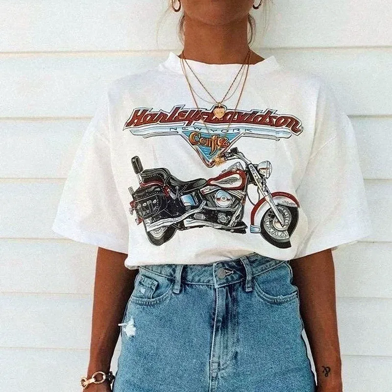 Vintage New York Motorcycle Printing Vintage Style Women T Shirts White Short Sleeve Loose Cotton Tees Summer Street Y2K Shirts