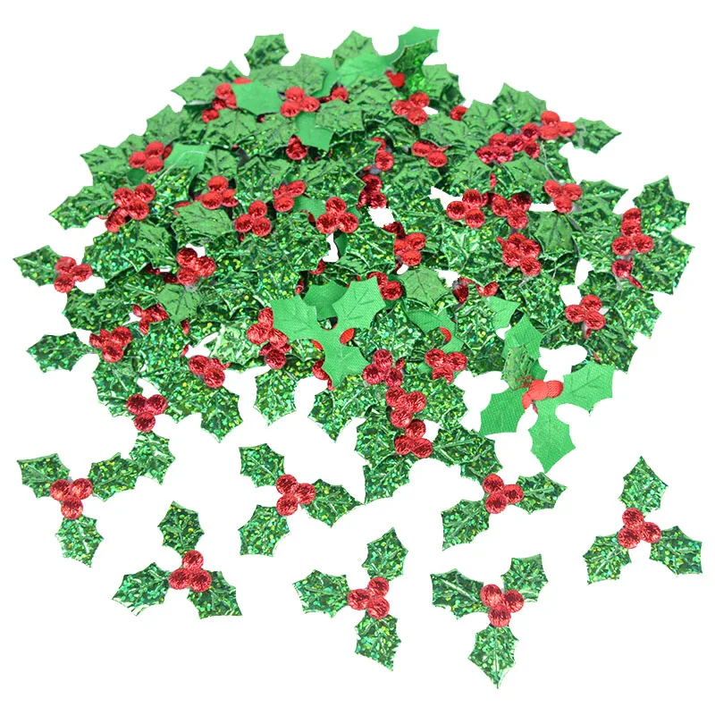 100Pcs Glitter Christmas Berry Confetti Holly Berries With Leaf Confetti 2024 Christmas Party Table Decor Navidad 2025 New Year