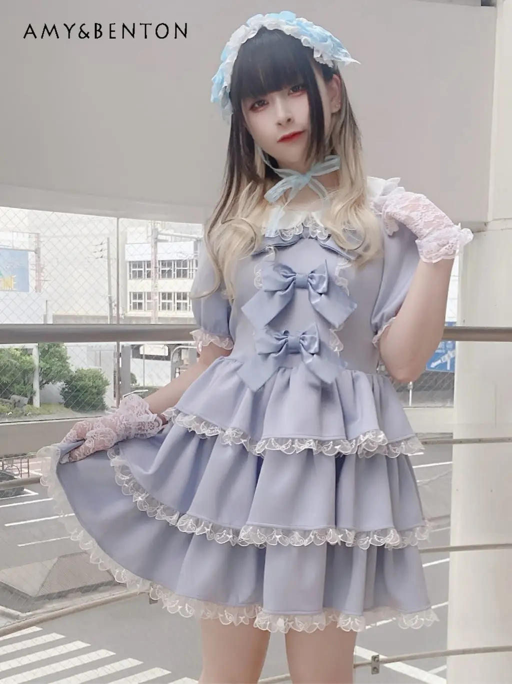 Japanese Sweet Cute Lace Splicing Doll Collar Ruffle Edge Bow Multi-layer Dress for Women Summer Mine Kawaii Princess Dresses