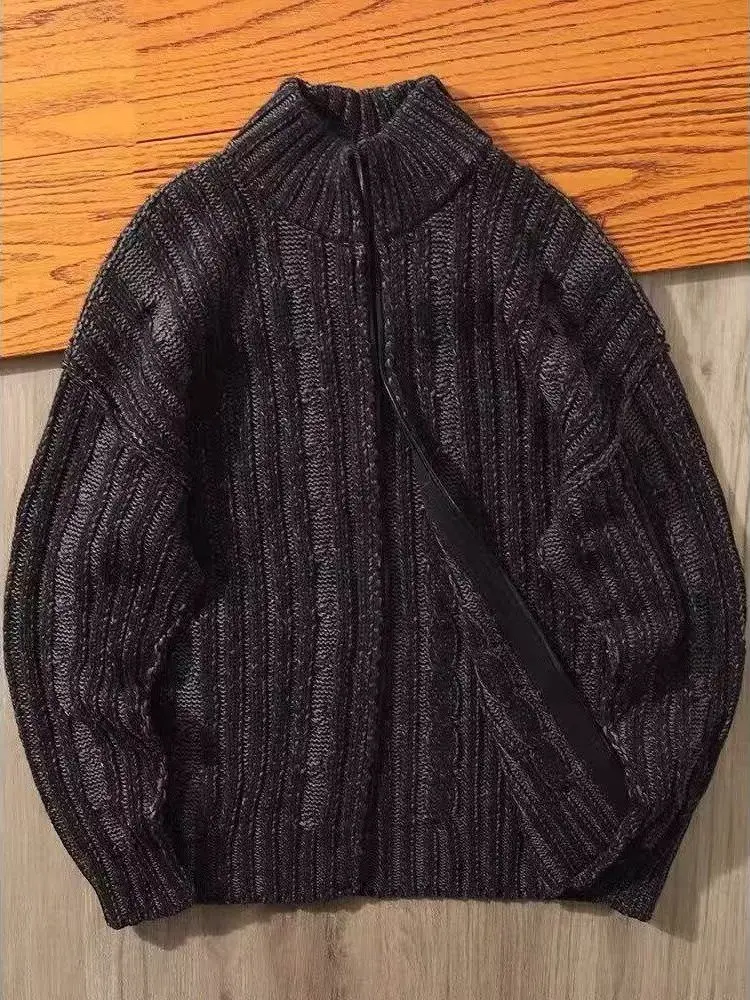 

American Sle Zipper Stand Collar Faion High Street Color Blo Sweater Men Autumn Winter Overhead Knitted irt Casual Lo...