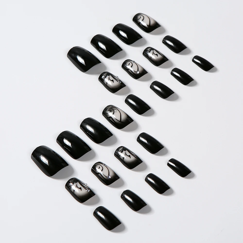 24pcs Glossy Black Flower Press on Nails with Rhinestones Wearable Short Square False Nails Finished Reusable Press on Nails