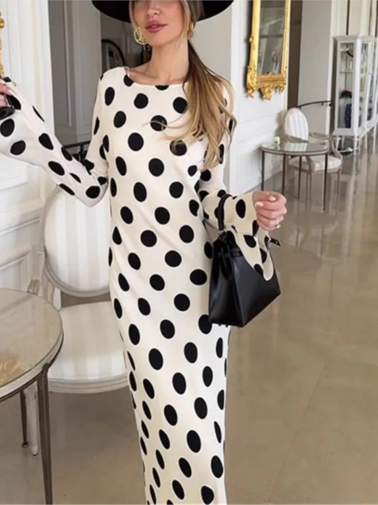 

2025 Summer Fashion Polka Dot Elegant Dress Casual O-neck A-line High Waist Long Sleeve Slim Wrap Hips Street Dresses For Women
