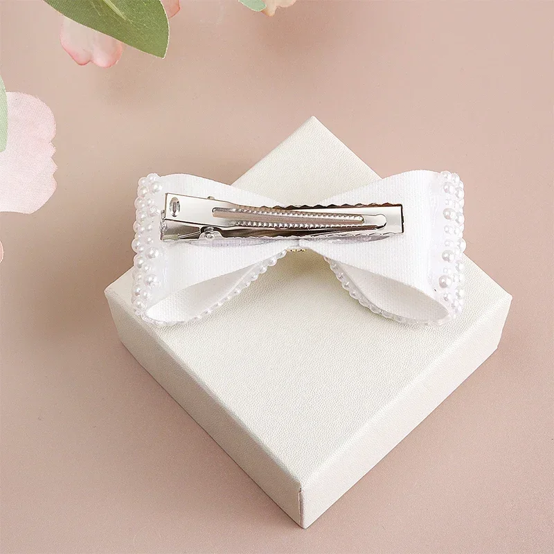 ncmama Fashion White Pearl Hair Bows with Clips for Girls Kids Boutique Hairpins Barrettes Baby Headwear Hair Accessories Gifts