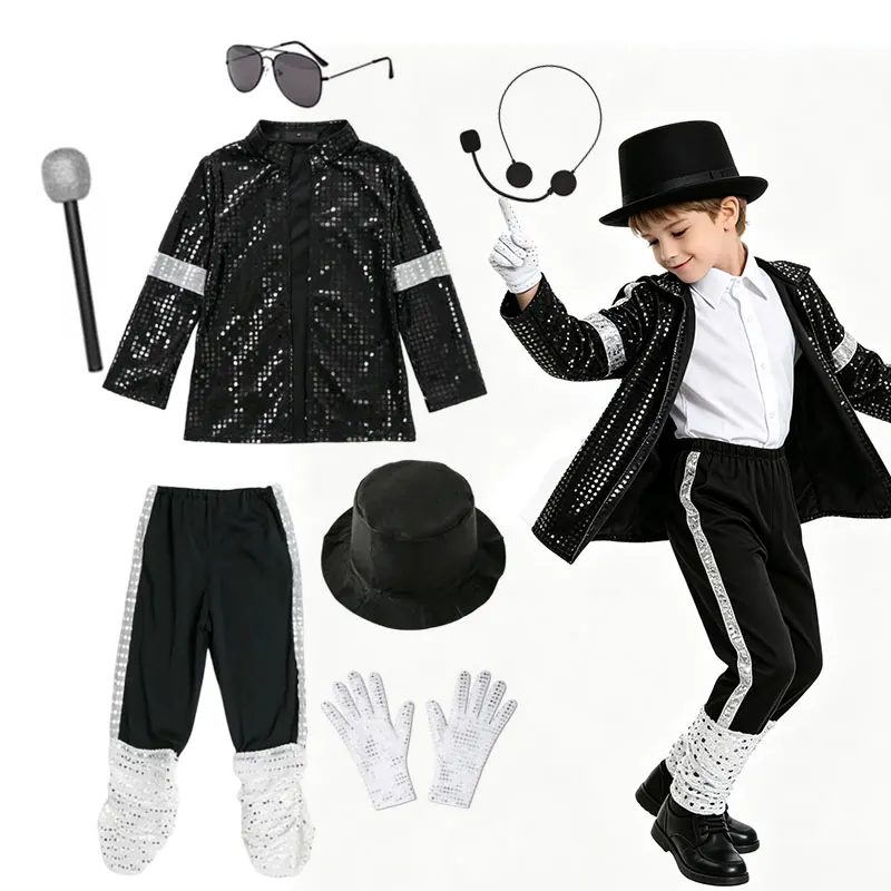Kinder Jungen Michael Jackson Cosplay Kostüm Pailletten Sänger Bühnenauftritt Outfit Halloween Karneval Party Tanz Verkleidungsanzug