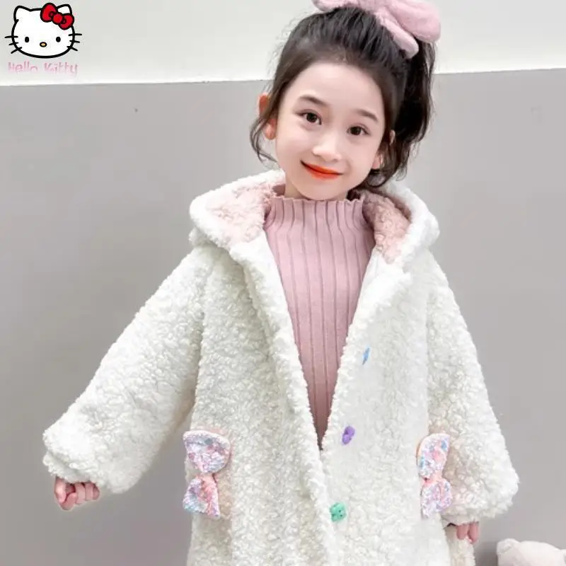 

Cartoon Girls Hello Kitty New Kawaii Warm Hooded Jacket Anime Winter Sanrio Girls Fashion Clothing Clip Cotton Thick Fur Coat