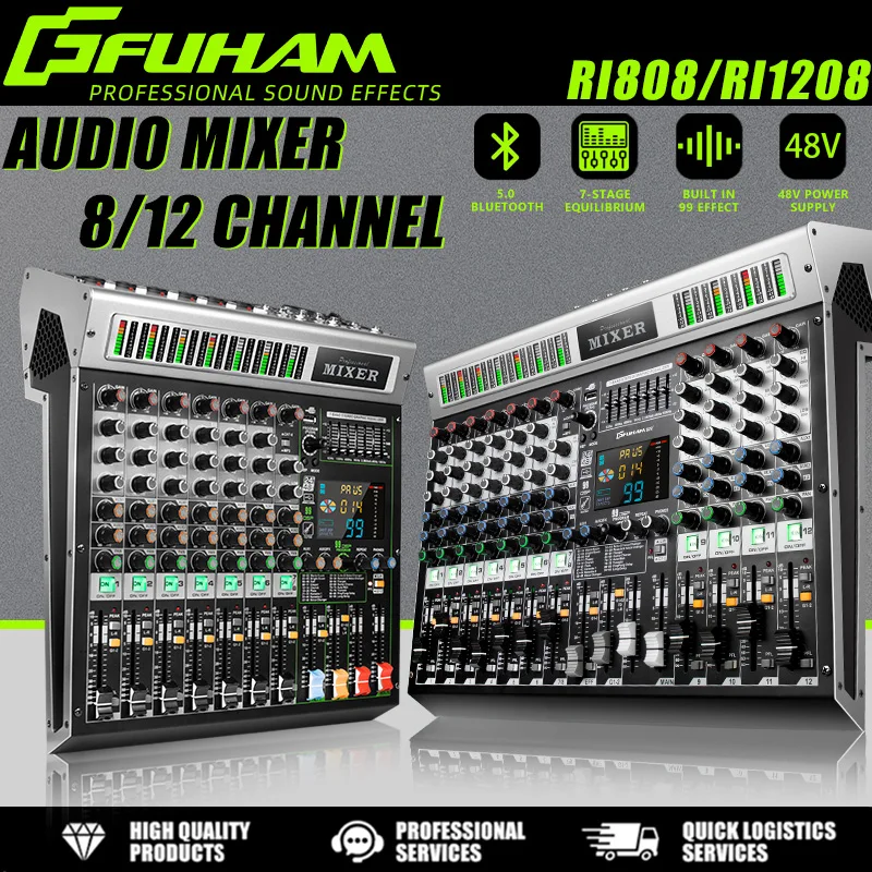 FUHAM RI808/1208 Mezclador profesional 99DSP de 8/12 canales 48V Phantom Power USB Estudio de grabación Karaoke Bluetooth DJ Consola Mezclador