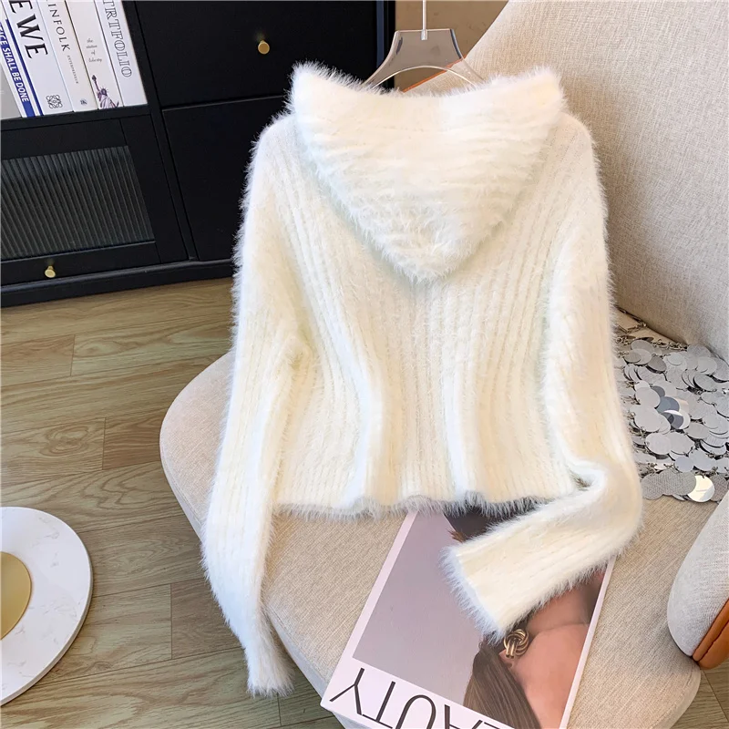 Zip-up Sweater with Hoodie Zipper Front Fuzzy Ribbed Knit Crop Cardigan Jacket for Women Teen-girl Y2K Acubi Fall Winter Outfit