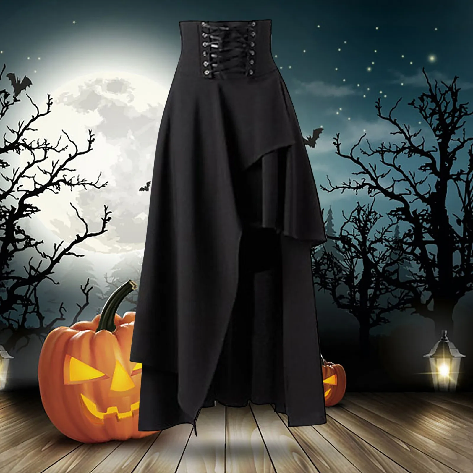 

Irregular hem Gothic Halloween skirt women's bandage slim A-line skirts high waisted solid color personalized long skirt