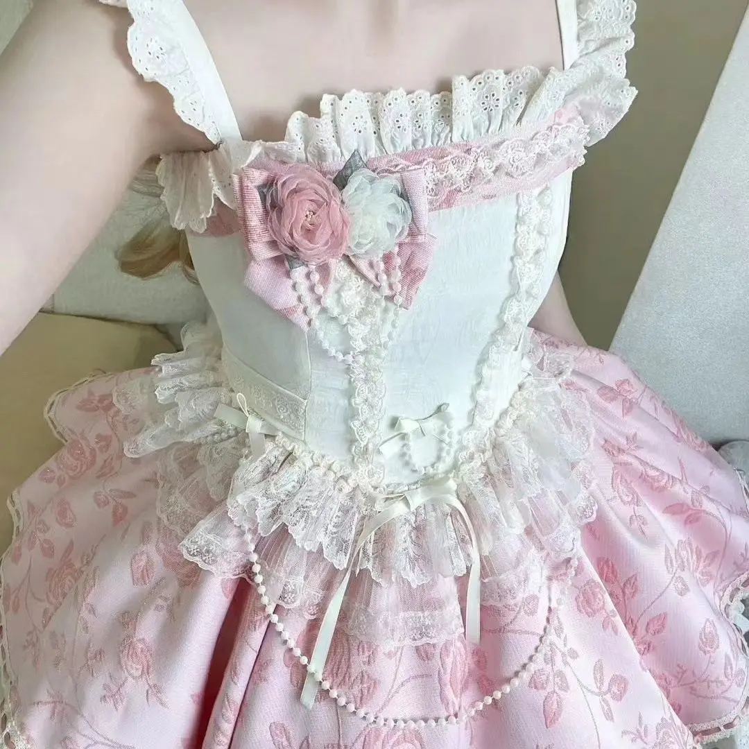 

Coalfell Lolita Layered Ruffled Cake Dress Women French Puffy Princess Dress JSK Elegant and Sweet Lace Border Dresses Female