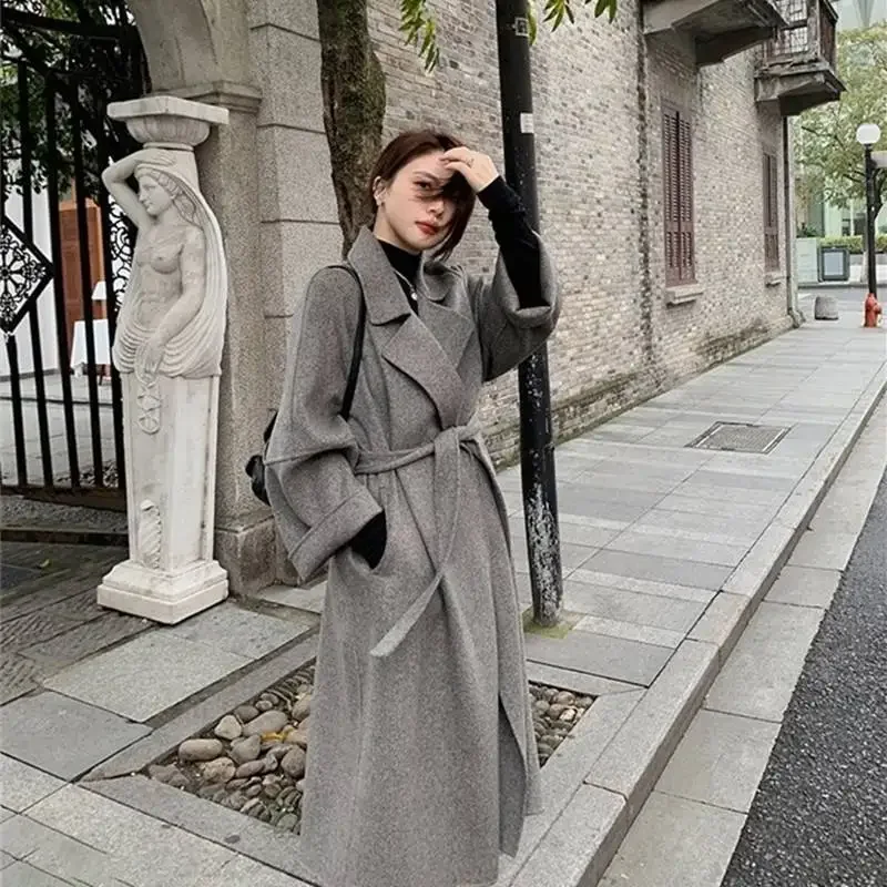 

Double-sided cashmere coat for women, autumn and winter Korean wool woolen belt bathrobe style long loose woolen coat