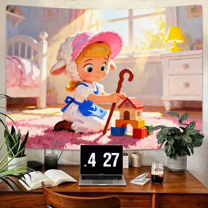 

1 шт. кавайный гобелен Little Bo Peep Lamb, мечтательный розовый стиль масляной живописи, настенное искусство, милый подарок для детской спальни для девочек.