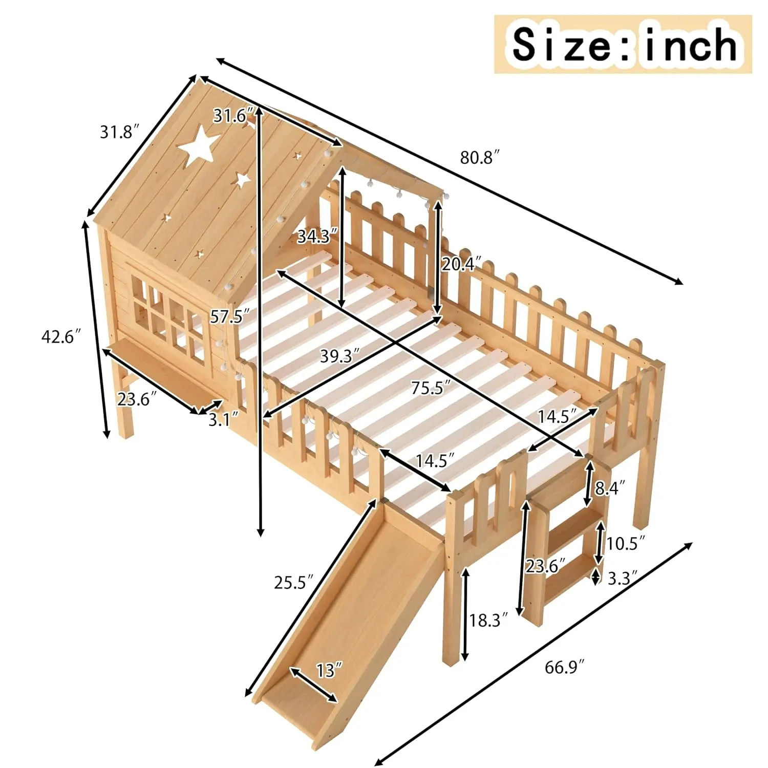 Twin Size Low Loft Bed with Slide, Kids House Loft Bed with LED Lights, Solid Wood Low Loft Bed Frame with Safety, Customized