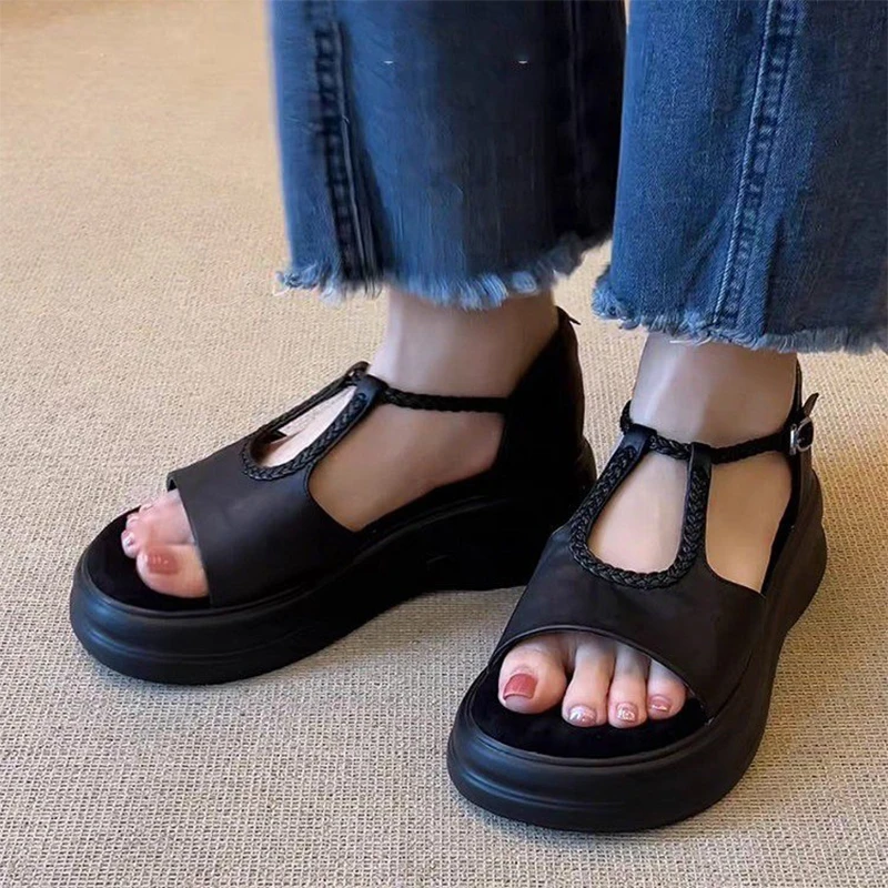 Damen Plateau-Sandalen Flache Freizeitschuhe Gewebte Offene Zehenschuhe Neue Wander-Strandsandalen Mode Retro Neue Mujer Sandalias
