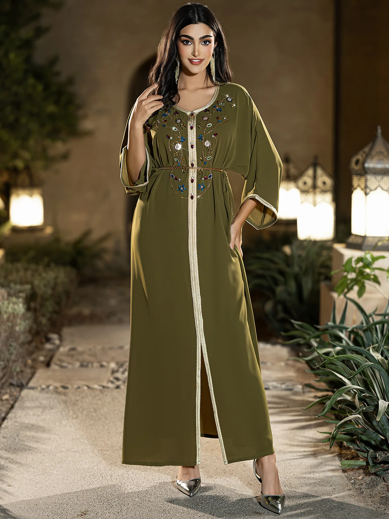 

Military Green Half Sleeve New Muslim Women's Luxury Fashion Dubai Dress Hand sewn Diamond Bat Sleeve Front Split Long Dress
