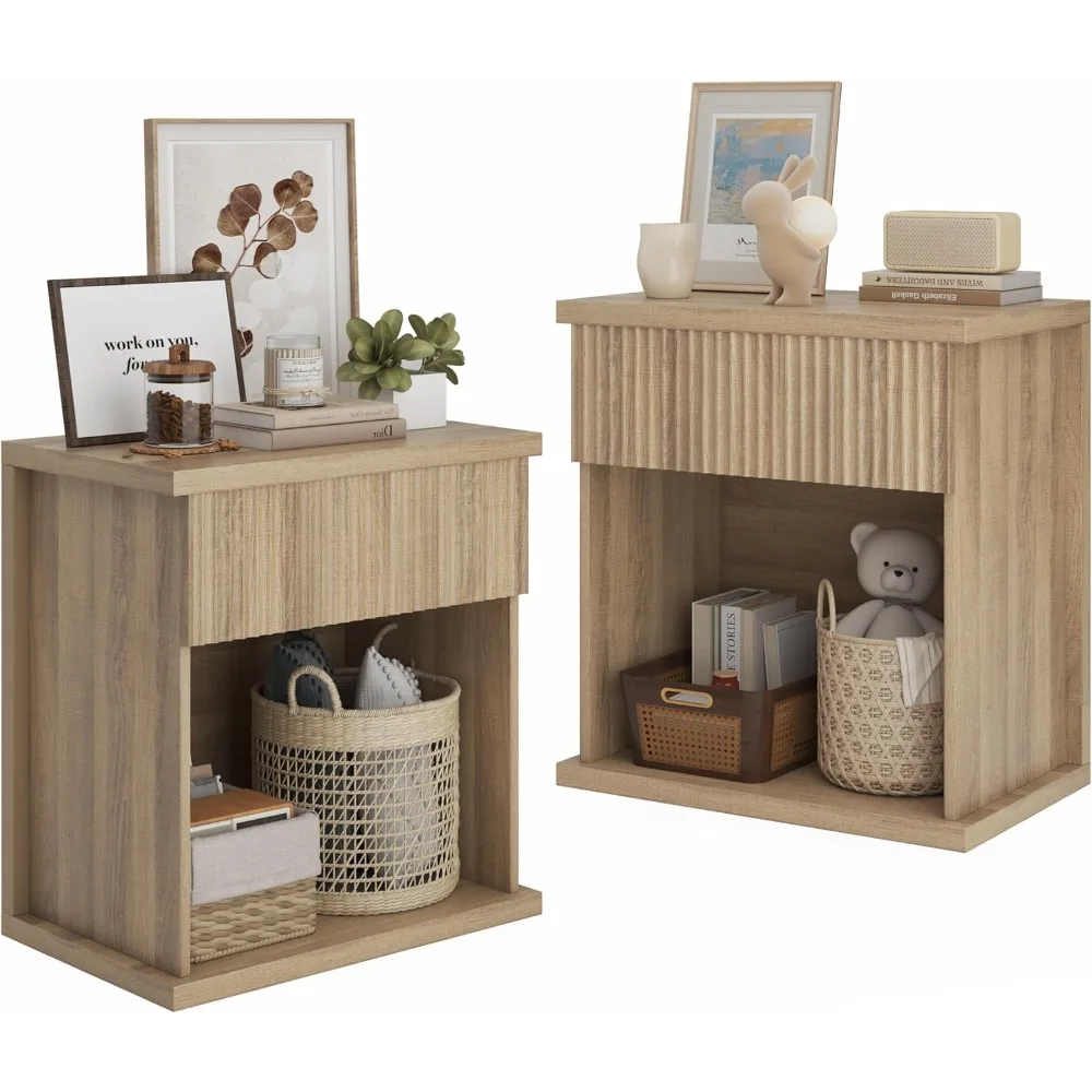 

pair of natural wood fluted nightstands, 22.8" wide with drawer storage for bedroom