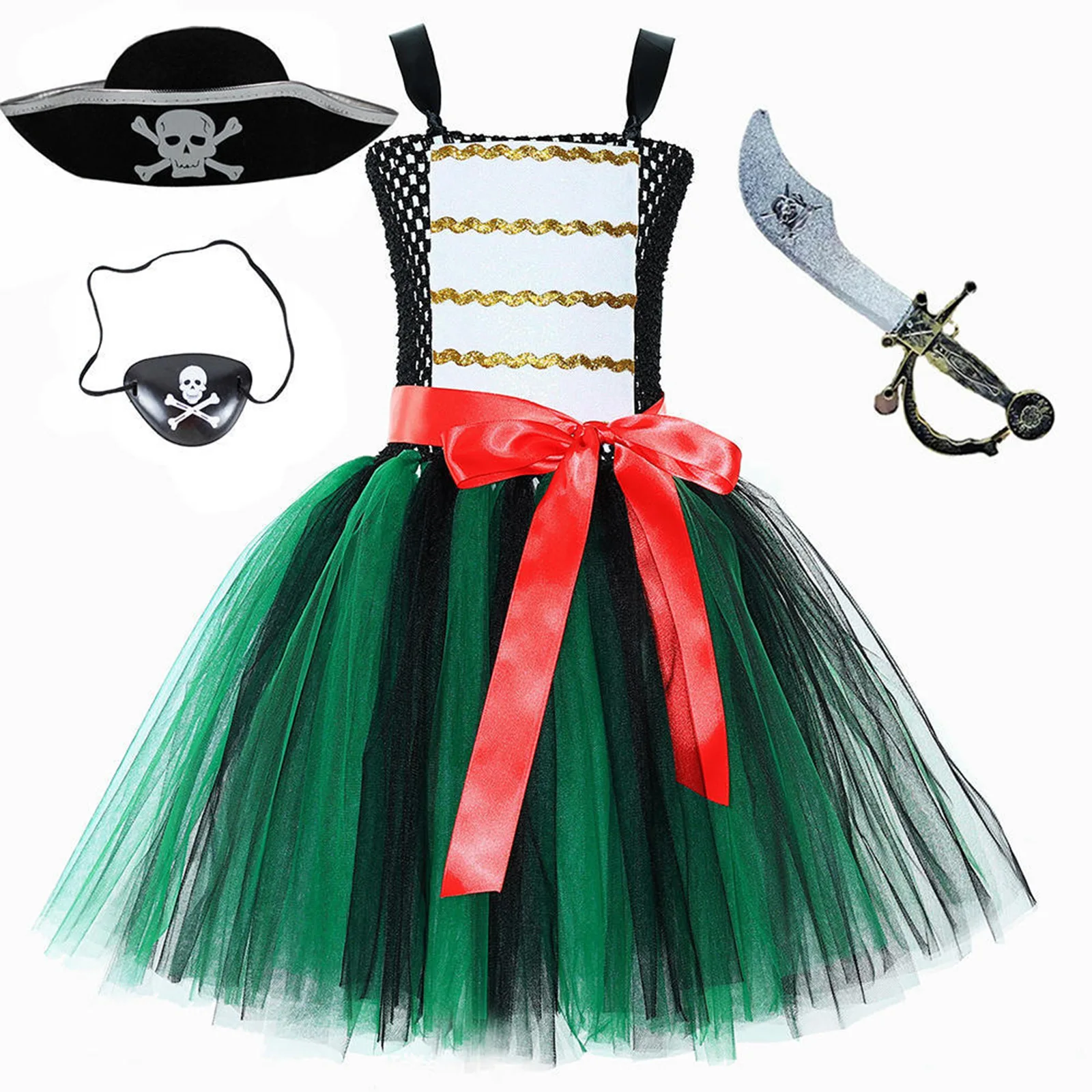 

Kids Girls Pirate Costume 4 Piece Set Tie-Up Style Puffy Mesh Dress And Matching Accessories for Halloween Vikings Cosplay
