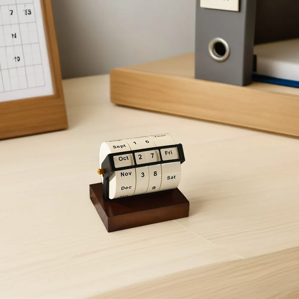 

Rotary Perpetual Calendar Wooden Metal Desktop Stable Design Standing Daily Date Display Office Teacher Home Decor Rotating
