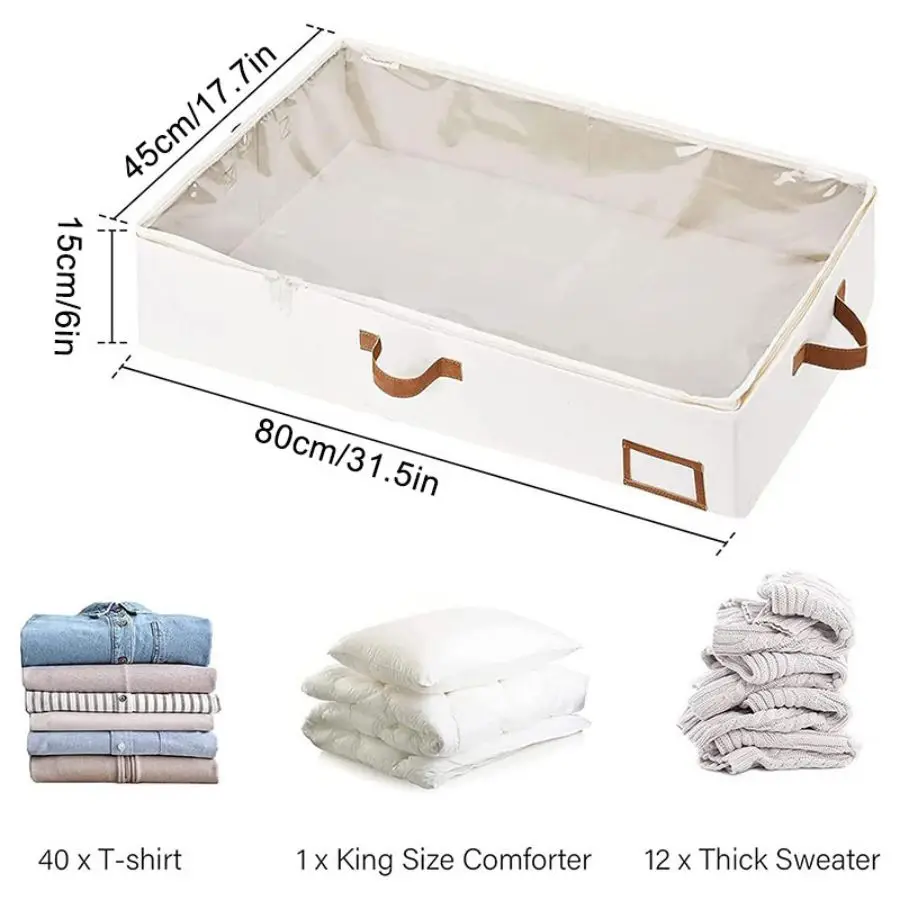 Foldable Underbed Organizer, Bedroom Blanket Clothes Quilt Storage Bag with Clear Window and 4 Handles, 31.5 x 17.7 x 5.9 Inches