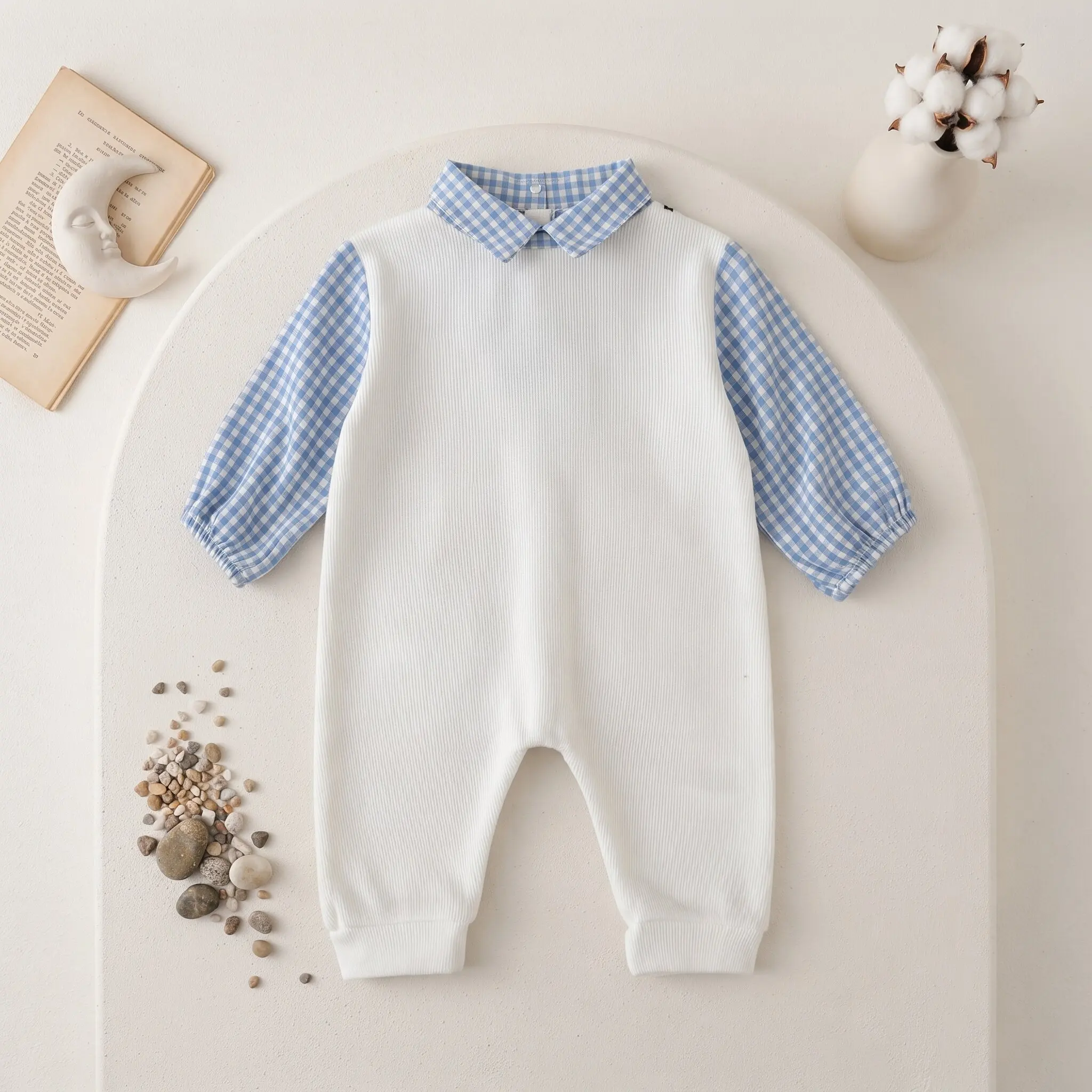 Spring Autumn Baby Boy College Fake Two-Piece Romper, Infant Plaid Sleeve Dachshund Embroidery Bow Tie Jumpsuit