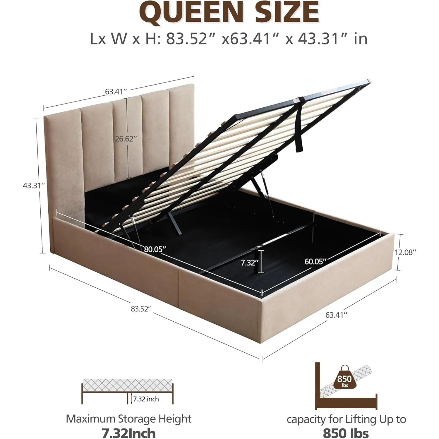 Queen Size Lift Up Storage Bed, Soft Upholstered Beds with Hydraulic Mechanism, Gas Lift Up Storage Bed with Headboard