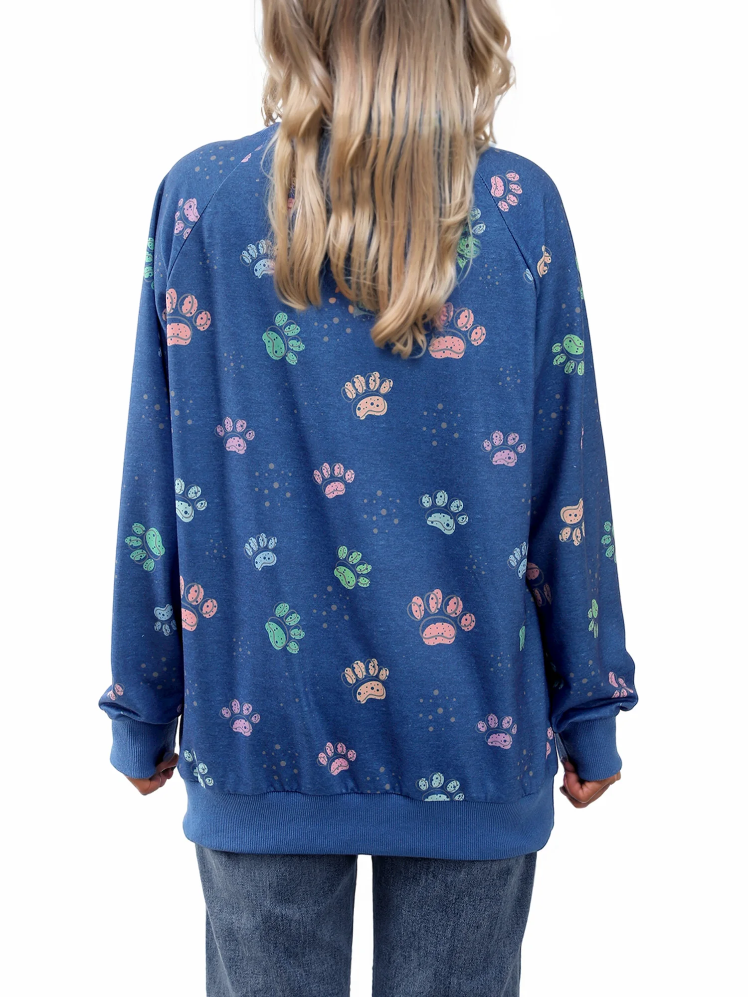 Women'S Long-Sleeved Multi-Color Dog Paw Pattern Printed Tops Autumn and Winter Casual Loose Pullover Round Neck Sweater Women