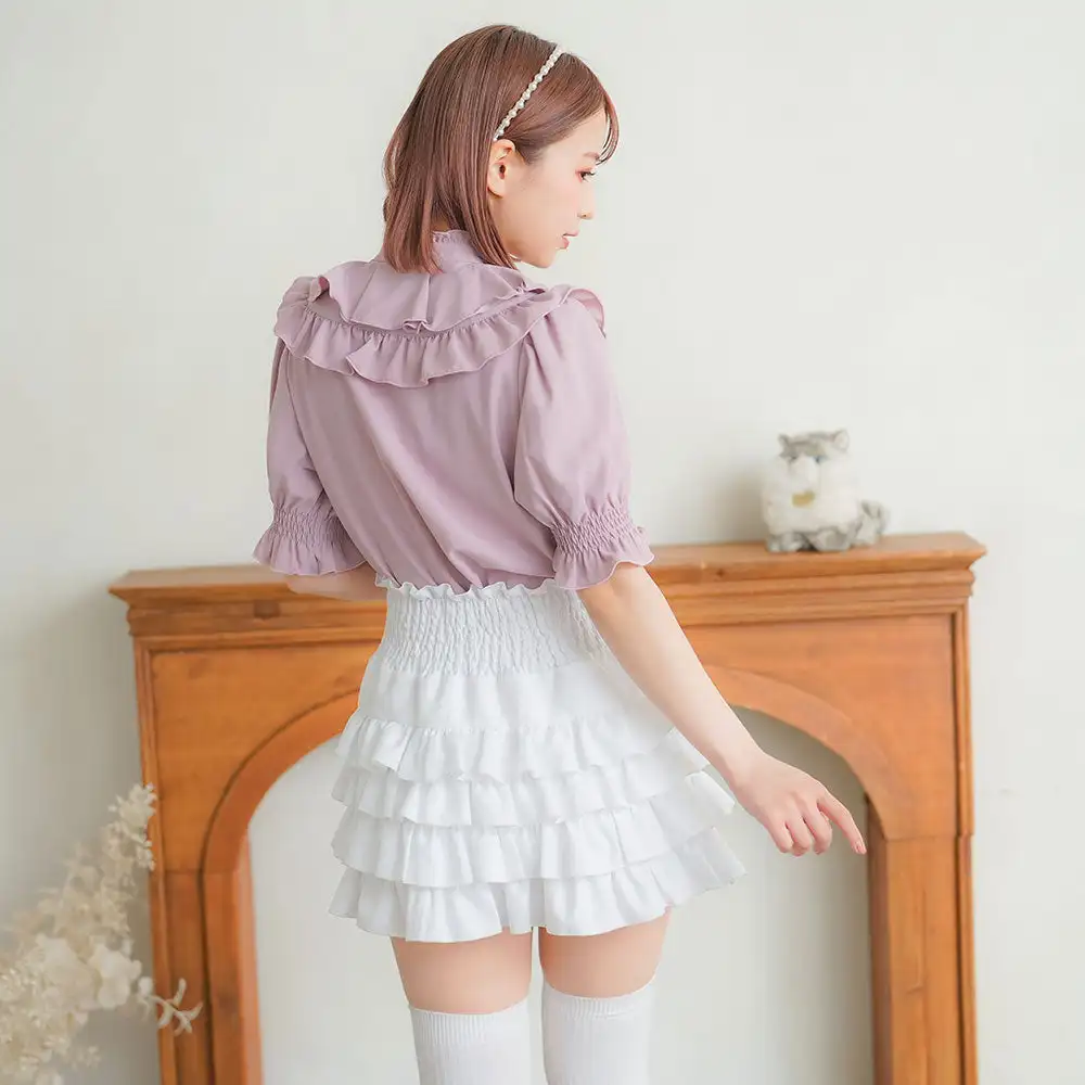 Japanese Style Exquisite Shirt women Solid Color Retro Heavy Industry Fungus Edge Bow Stand-up Collar Lolita Shirt Short Sleeve