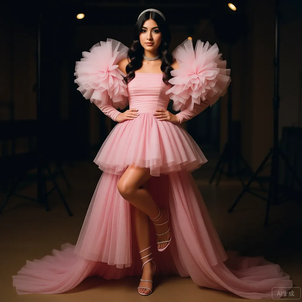 

Розовое тюлевое платье с открытыми плечами и пышными рукавами, высокое и низкое платье для выпускного вечера, вечернее платье, вечернее платье с рюшами, без бретелек, свадебные платья