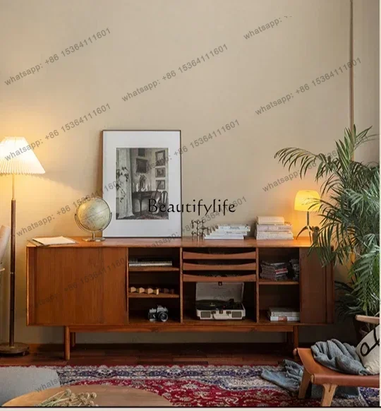 Customization Nordic Medieval Teak Rolling Shutter Door Side Cabinet Solid Wood TV Cabinet Small Apartment High
