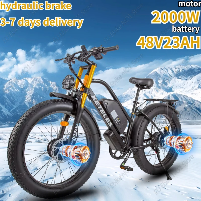 Electric Bicycle 2000W Dual Motor 48V 23AH Lithium Battery Hydraulic Brake Mountain Snow E-bike 26*4.0 Inch Fat Electric Bike