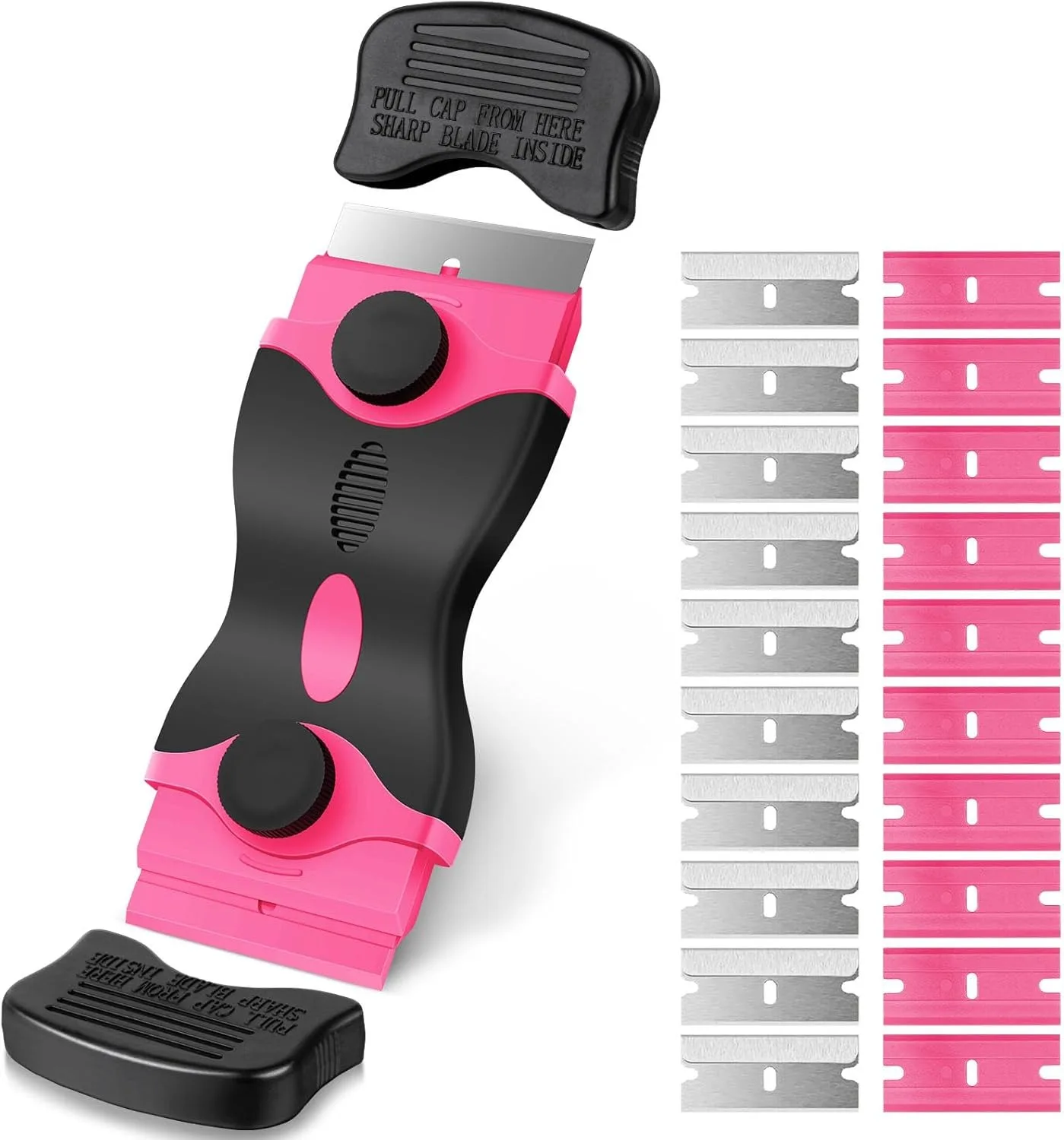 

Razor Blade Scraper, Double Edged Razorblade Scraping Tool with 10 Pcs Razor Blades, Paint Scraper for Glass, Decals, Tint, Stickers, Labels, Caulk, Adhesive(Pink)