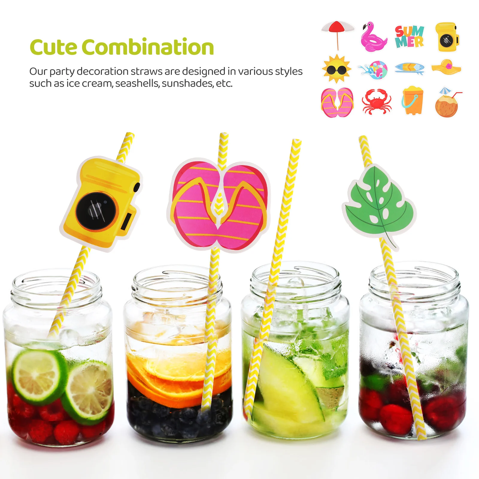 

48 pcs Summer Straw Flag Inserting Set Decorative Paper Drinking Straws Beach Birthday Party Theme Hot Cold Drinks for Cocktail