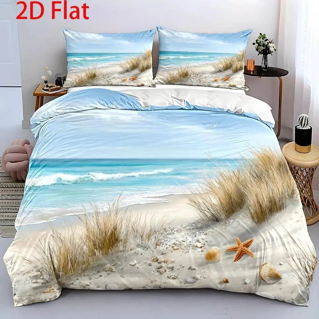3Pcs Duvet Cover Set, 1Pc Duvet Cover and 2Pcs Pillowcases (No Filling) 2D Flat Printing, Duvet Cover Set, Beach Shell Theme, Re