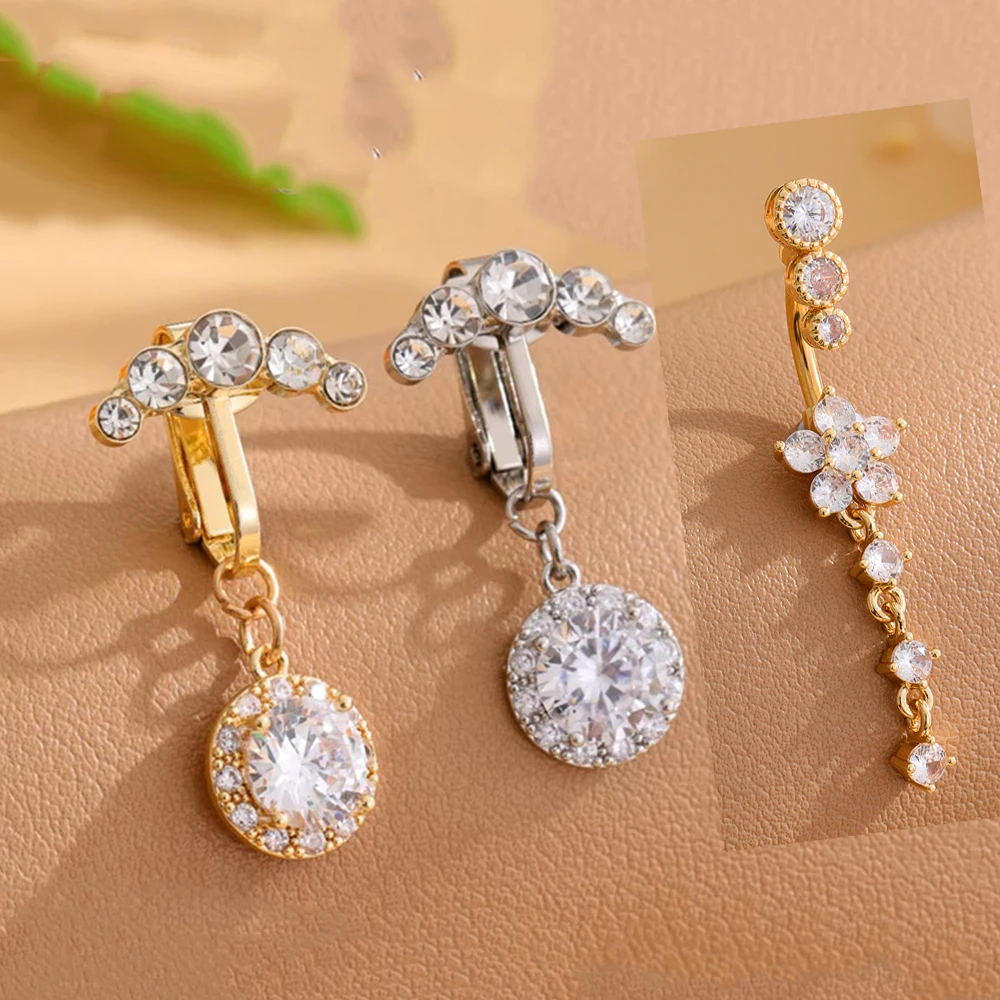 3/5 Reverse Crystals Faux Fake Belly Button Ring Belly Piercing Nombril Clip on Umbilical Navel Cartilage Clip Body Jewelry Gift