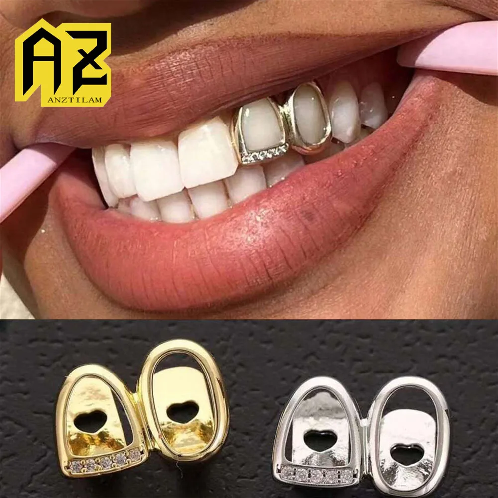 

Anztilam 2 Teeth Iced Out Grillz Full Zircon Tooth Shine Grills Men Women Hip Hop Tooth Grills Caps Brass Fashion Jewelry