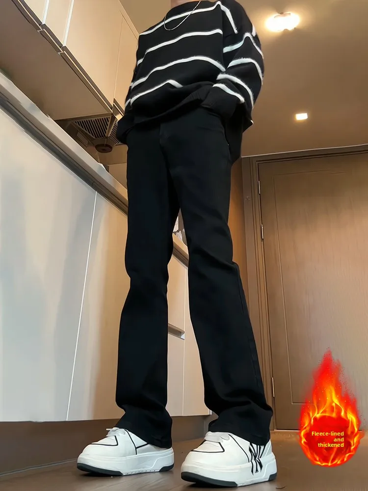 

Bla Elastic Soft Fce Lined Straight Leg Jeans Men's Autumn Winter Slim Fit American Vibe Bell Bot Youth Faion