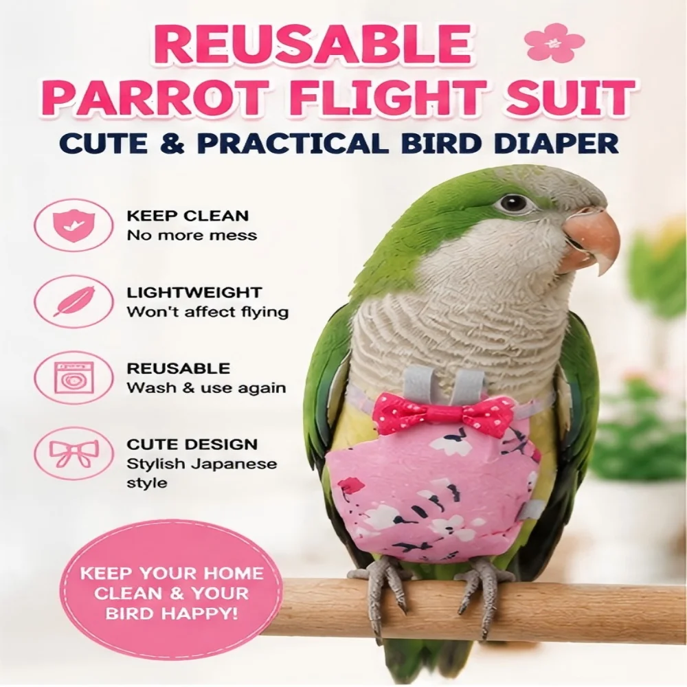 Cute Floral Parrot Diaper with Bowknot Pet Bird Flight Suit Washable Clothes for Macaw Pigeon Cockatiel Small Medium
