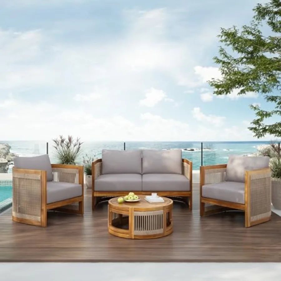 

Nesbit 4 Pieces Conversation Set, Acacia Wood Chat Set, Woven Rope Loveseat and Accent Chairs, Slat Panel Coffee Table, Patio F