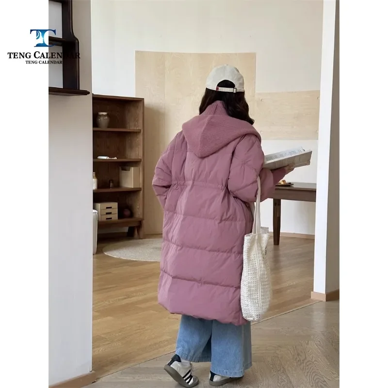 Duck Down Jacket for Women, Medium to Long Korean Loose Stand Up Collar, Woolen Shawl with Waist, Cinched White Duck Down Jacket