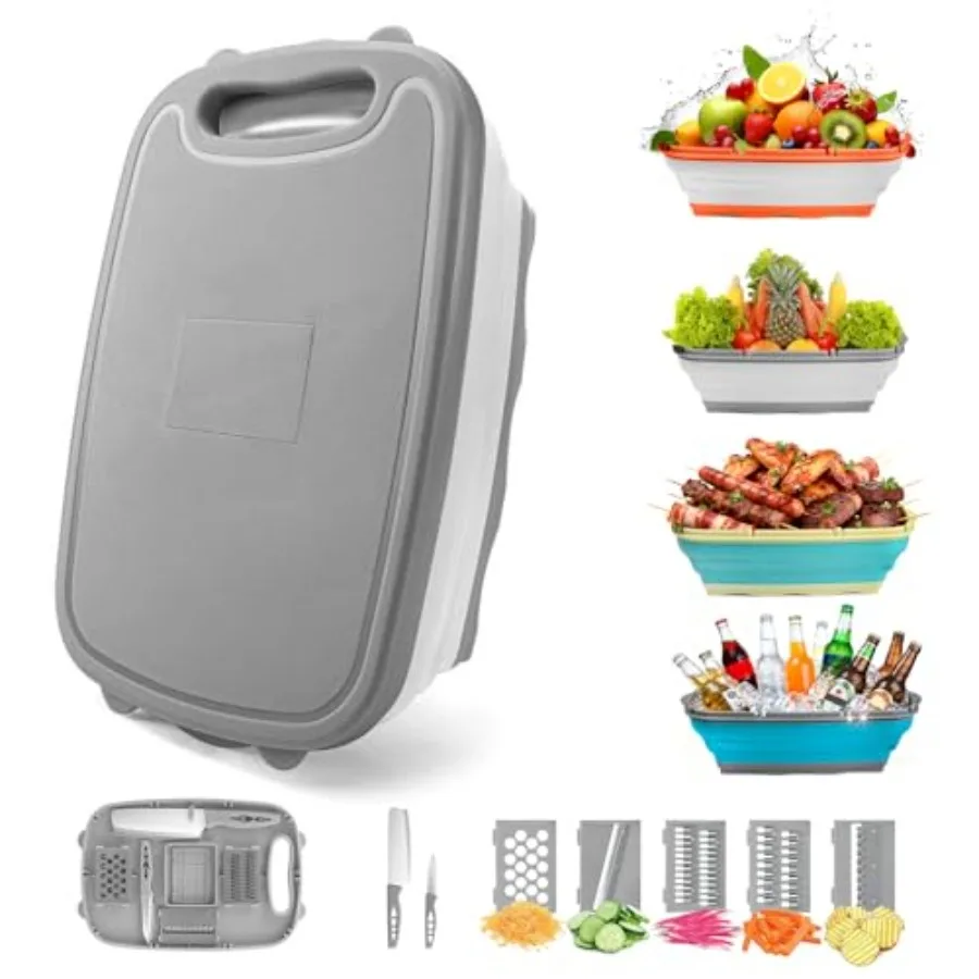 

Camping Cutting Board, 9-in-1 Collapsible Chopping Board with Colander, Kitchen Vegetable Washing Basket for Camping, Camping G